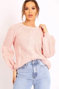 Rebellious Fashion Pink Cable Knit Balloon Sleeve Jumper - Elicia