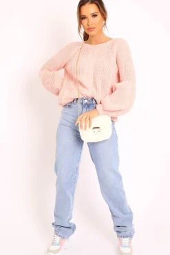 Rebellious Fashion Pink Cable Knit Balloon Sleeve Jumper - Elicia