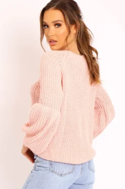 Rebellious Fashion Pink Cable Knit Balloon Sleeve Jumper - Elicia