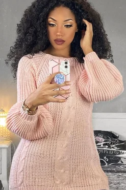 Rebellious Fashion Pink Cable Knit Balloon Sleeve Jumper - Elicia