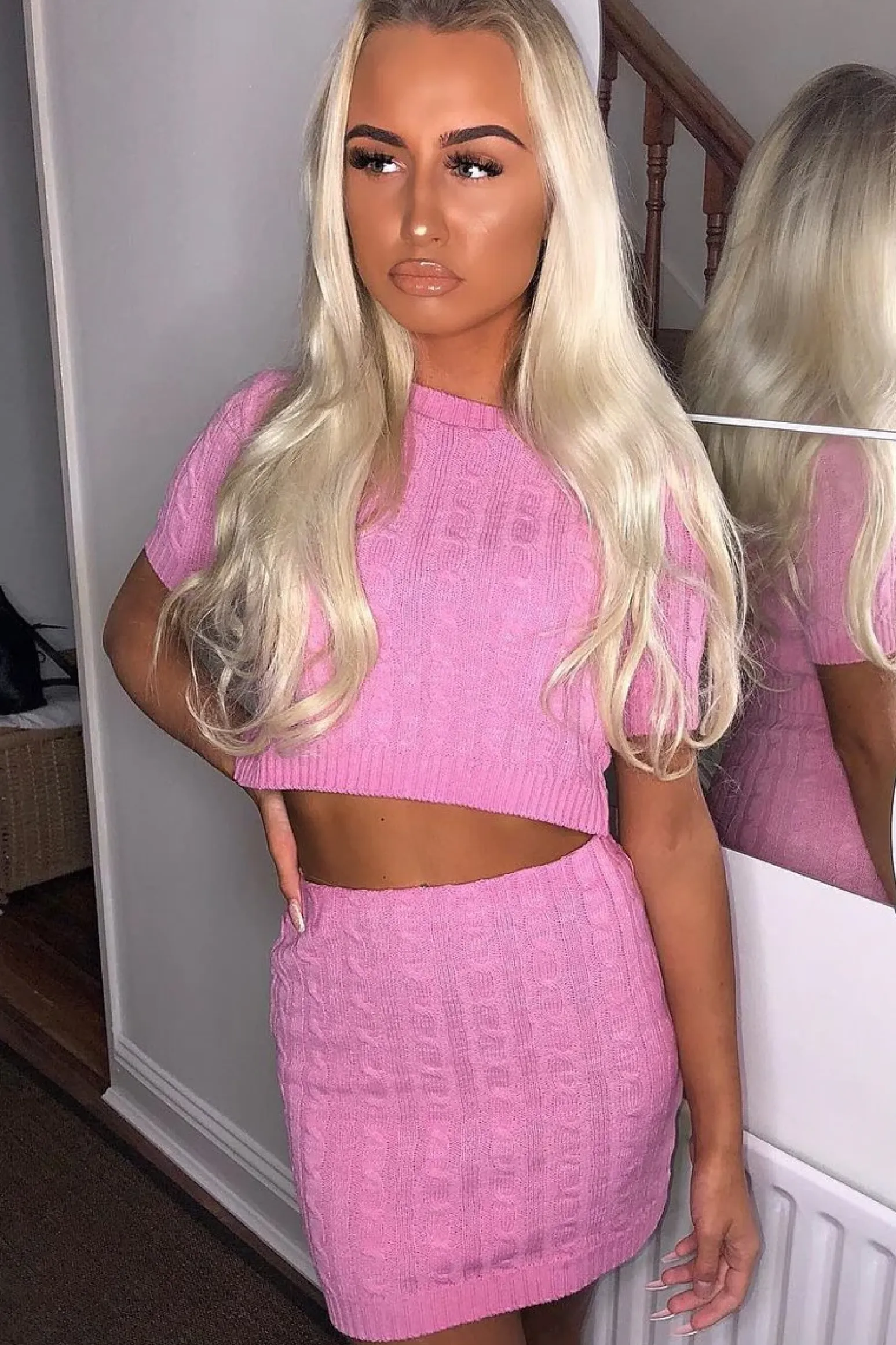 Rebellious Fashion Pink Cable Knit Crop Top And Skirt Co-ord - Galiana