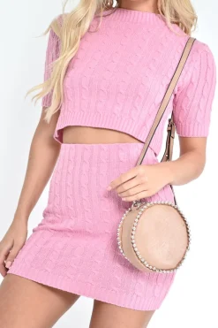 Rebellious Fashion Pink Cable Knit Crop Top And Skirt Co-ord - Galiana