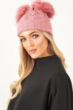 Rebellious Fashion Pink Cable Knit Double Bobble Hat - Cheyann