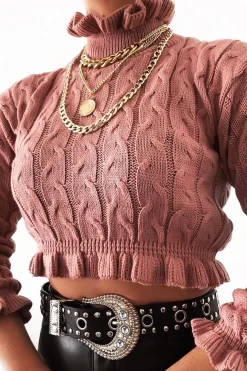Rebellious Fashion Pink Cable Knit Frill Neck Jumper - Jacie