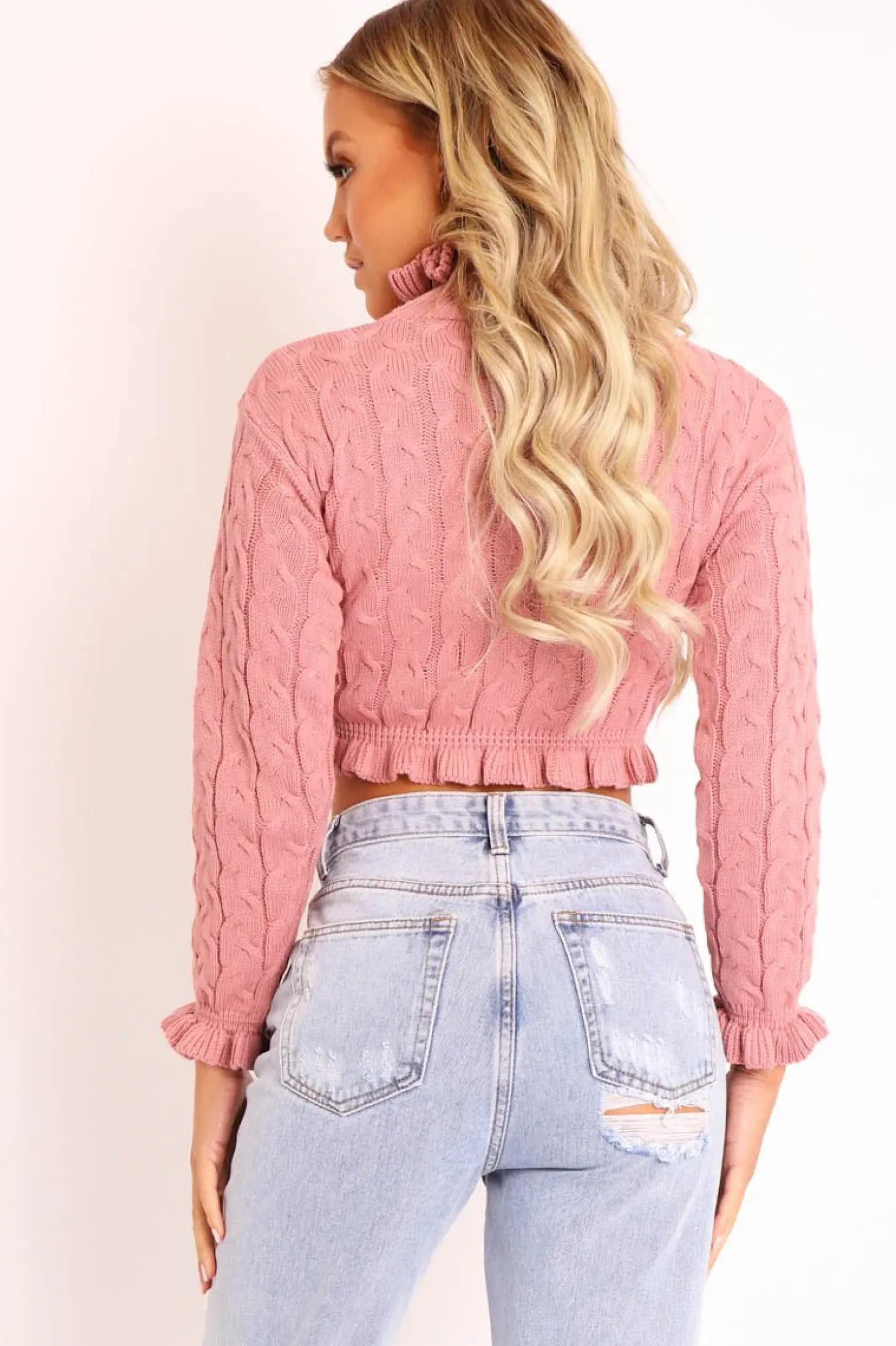 Rebellious Fashion Pink Cable Knit Frill Neck Jumper - Jacie