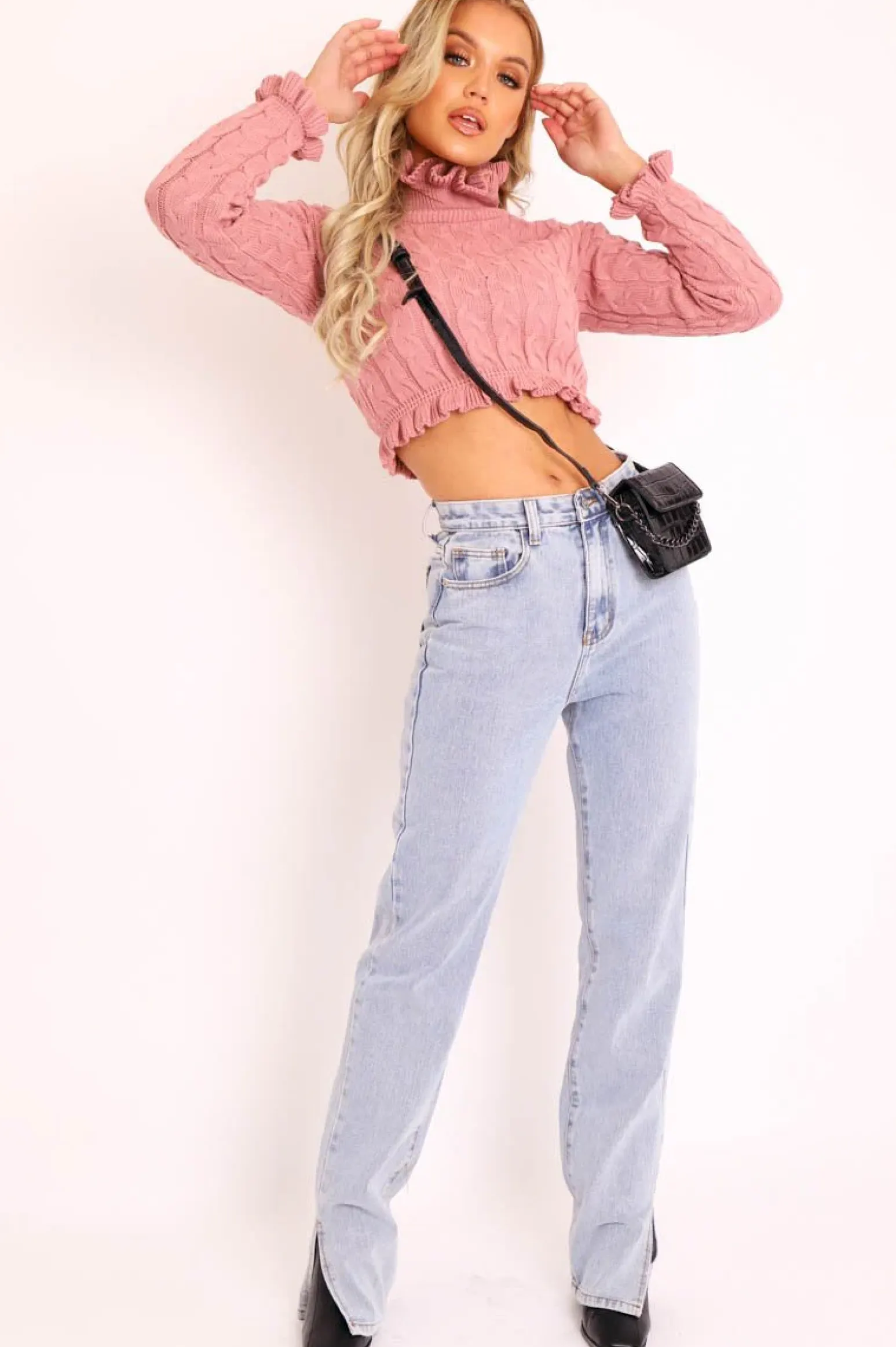 Rebellious Fashion Pink Cable Knit Frill Neck Jumper - Jacie