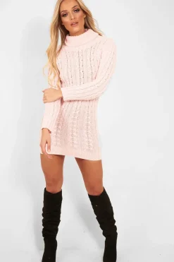 Rebellious Fashion Pink Cable Knit Roll Neck Jumper Dress - Matilda