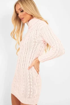 Rebellious Fashion Pink Cable Knit Roll Neck Jumper Dress - Matilda
