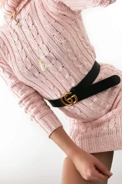 Rebellious Fashion Pink Cable Knit Roll Neck Jumper Dress - Matilda