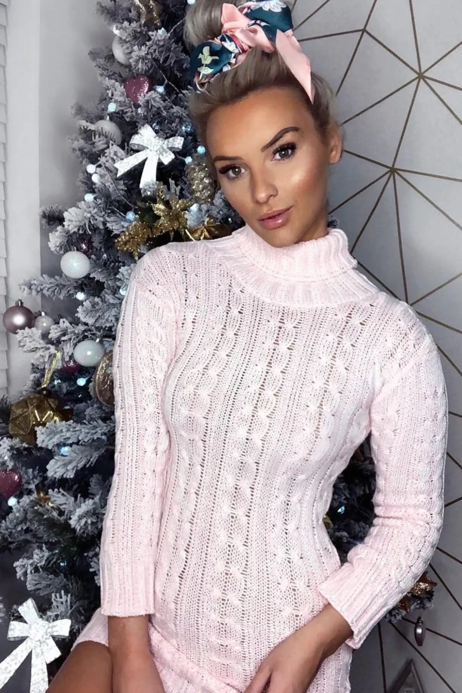Rebellious Fashion Pink Cable Knit Roll Neck Jumper Dress - Matilda