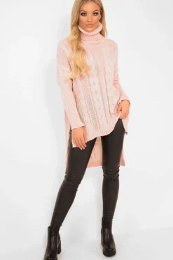 Rebellious Fashion Pink Cable Knit Roll Neck Jumper - Laraina