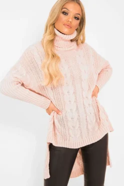 Rebellious Fashion Pink Cable Knit Roll Neck Jumper - Laraina