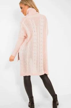 Rebellious Fashion Pink Cable Knit Roll Neck Jumper - Laraina