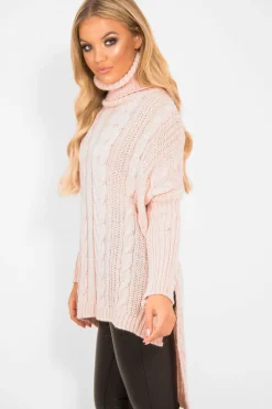 Rebellious Fashion Pink Cable Knit Roll Neck Jumper - Laraina