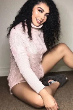 Rebellious Fashion Pink Cable Knit Roll Neck Jumper - Laraina