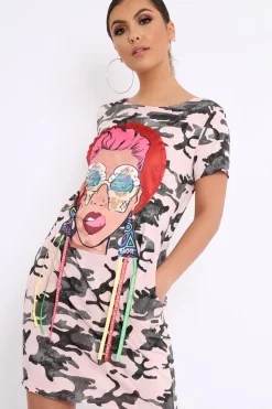 Rebellious Fashion Pink Camo Crew Neck Girls Face T-shirt Dress with Tassels - Sway