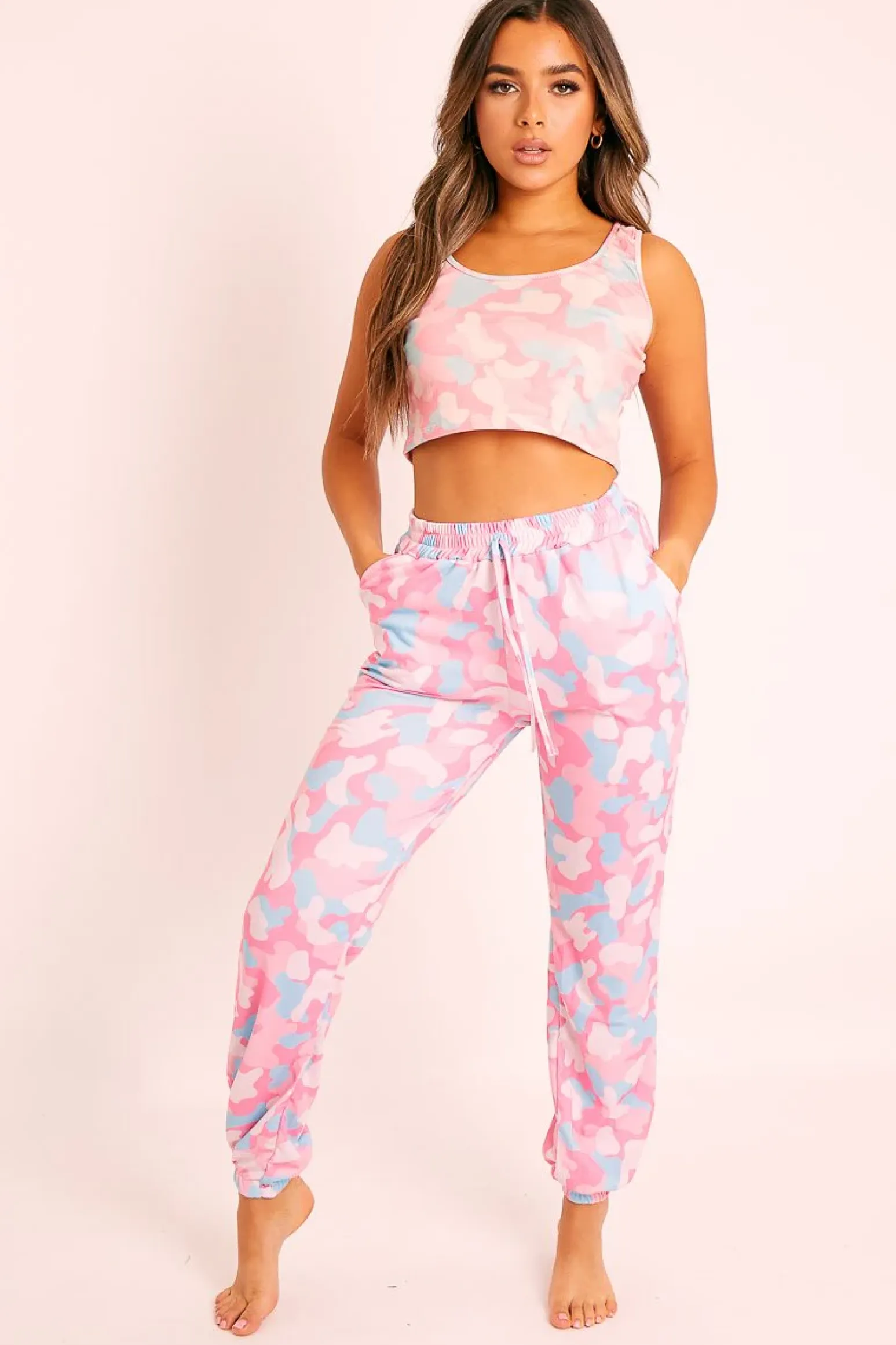 Rebellious Fashion Pink Camo Crop Top Joggers Co-ord - Charna