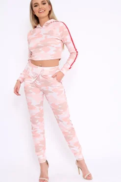 Rebellious Fashion Pink CamoTracksuit with Red and White Side Stripes - Kady