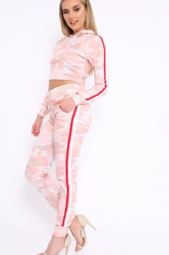 Rebellious Fashion Pink CamoTracksuit with Red and White Side Stripes - Kady