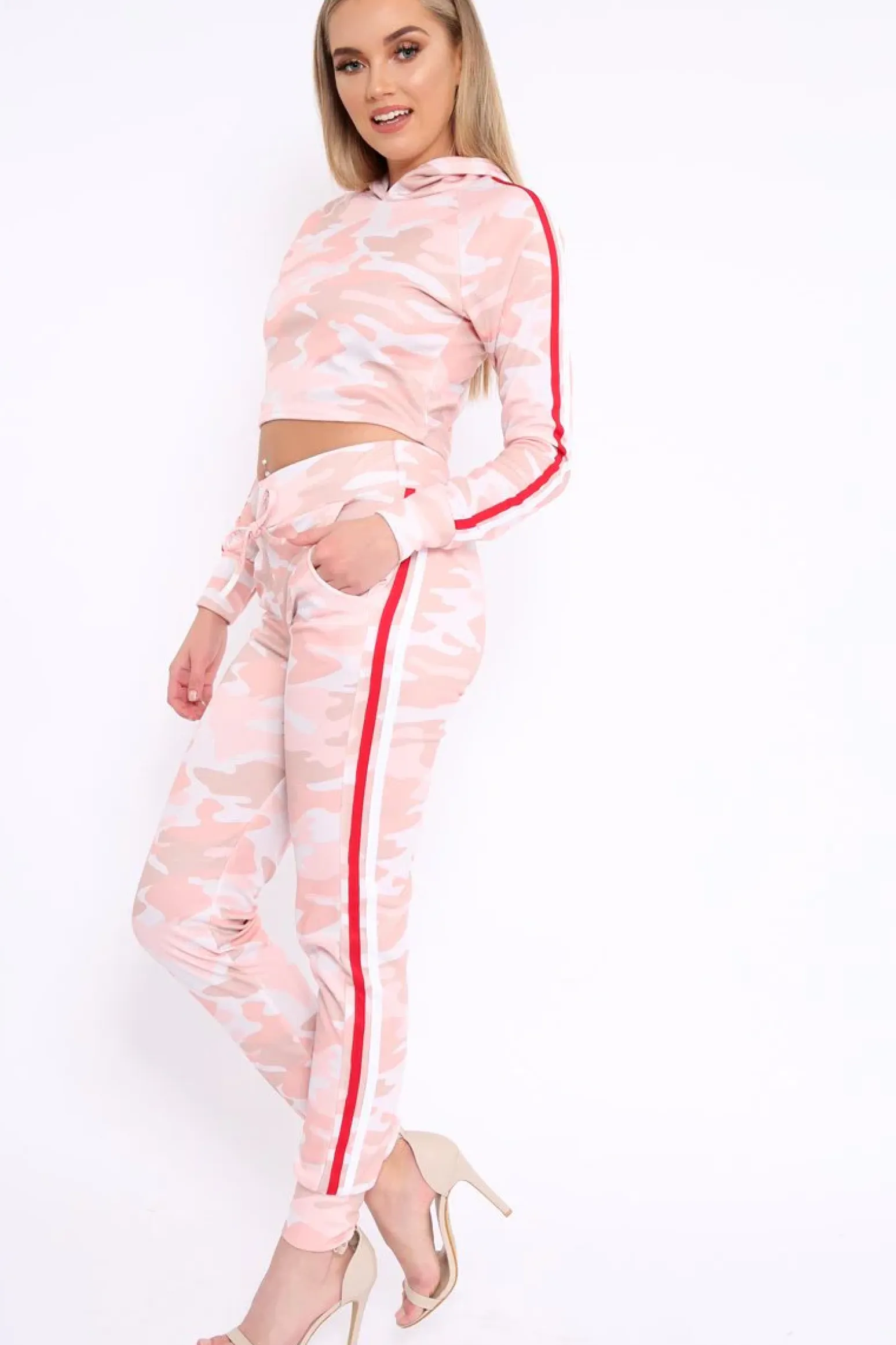 Rebellious Fashion Pink CamoTracksuit with Red and White Side Stripes - Kady