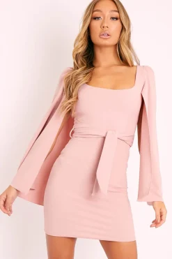 Rebellious Fashion Pink Cape Sleeve Bodycon Dress - Fearne