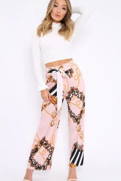 Rebellious Fashion Pink Chain Pleated Wide Leg Trousers - Neola