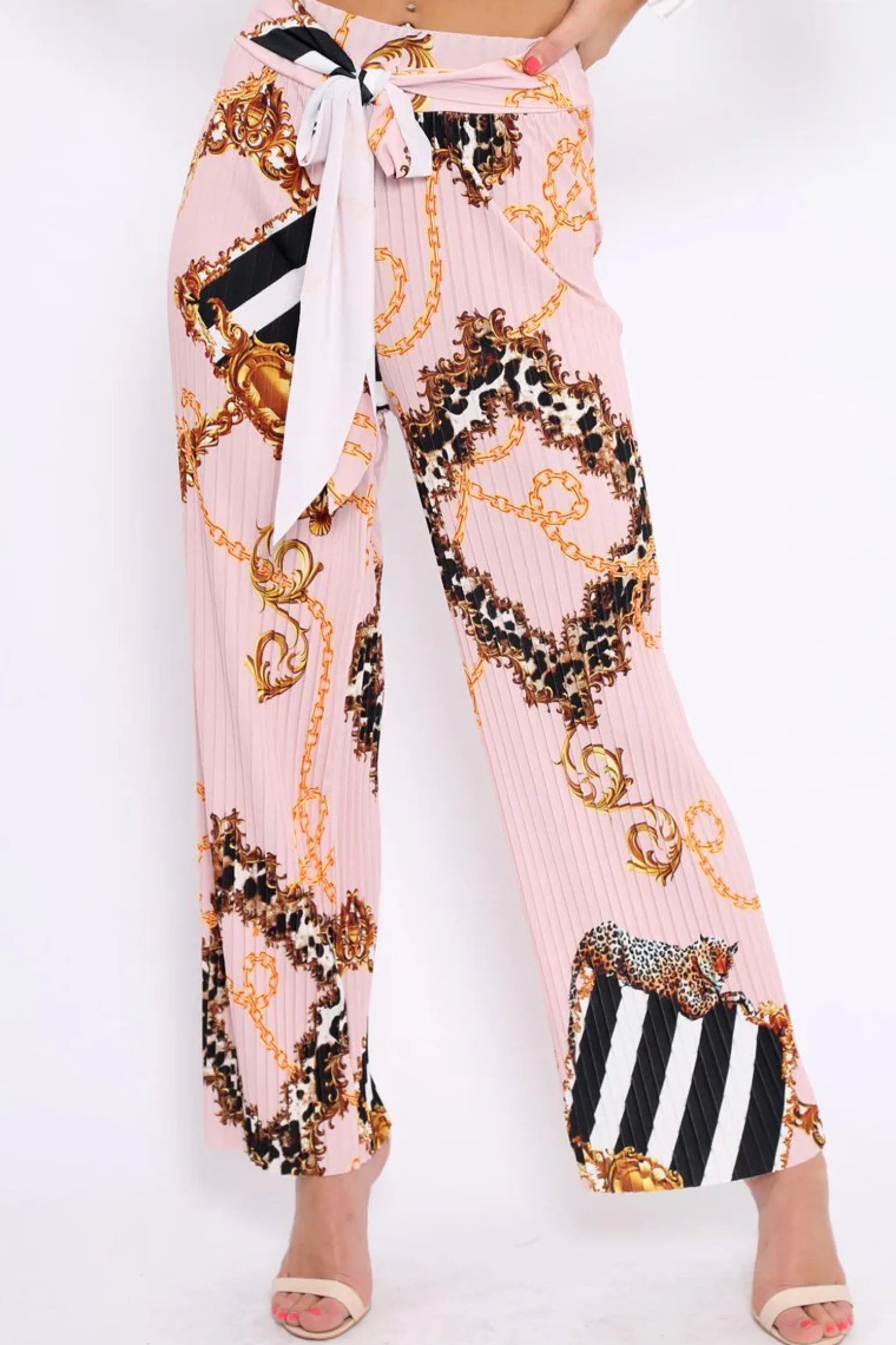 Rebellious Fashion Pink Chain Pleated Wide Leg Trousers - Neola