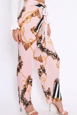 Rebellious Fashion Pink Chain Pleated Wide Leg Trousers - Neola