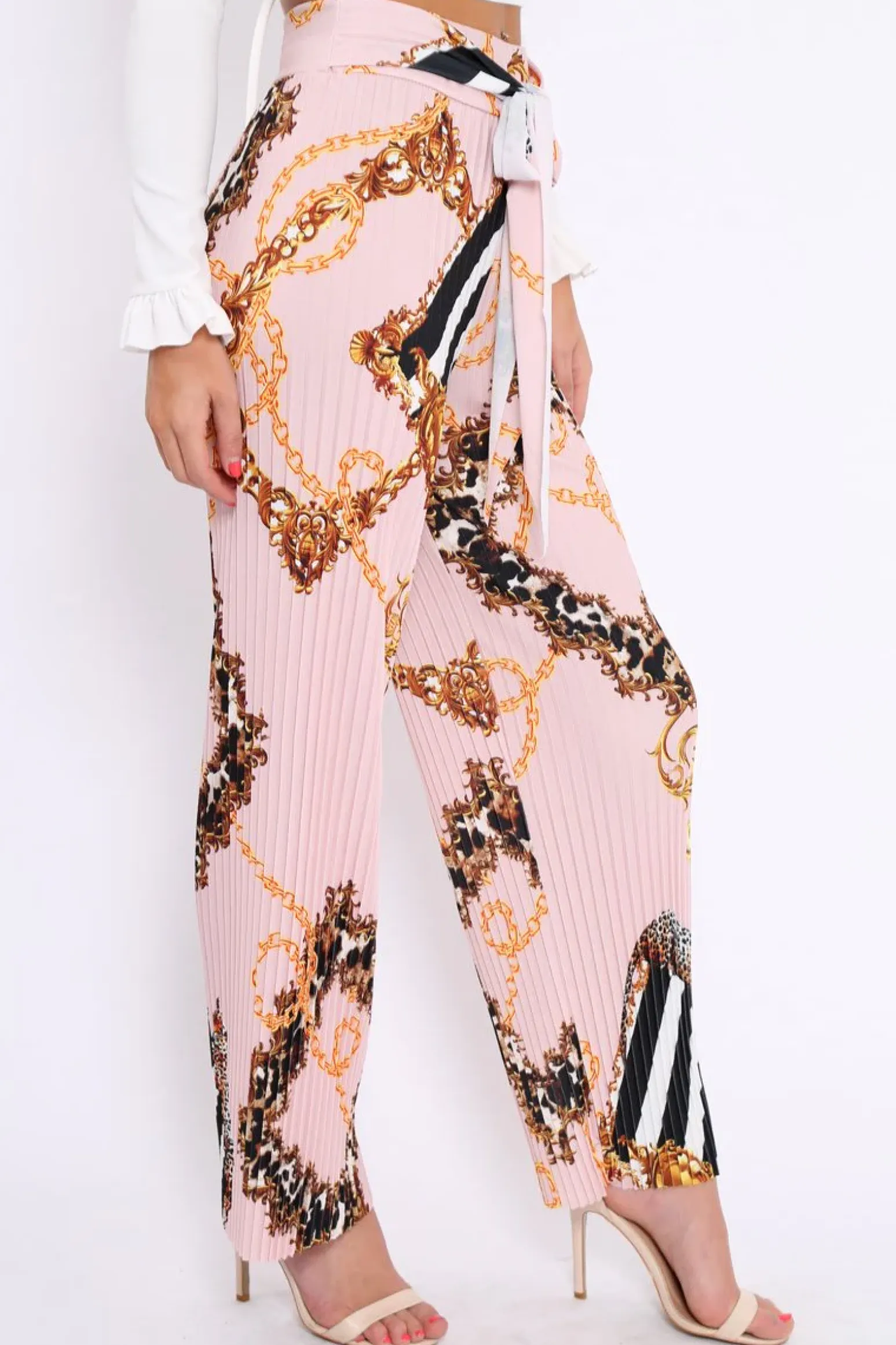 Rebellious Fashion Pink Chain Pleated Wide Leg Trousers - Neola