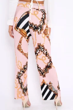 Rebellious Fashion Pink Chain Pleated Wide Leg Trousers - Neola