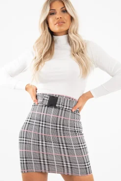 Rebellious Fashion Pink Check Buckle Front Knitted Mini Skirt - Eisley