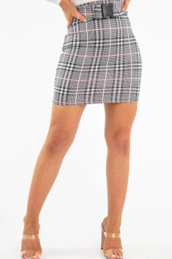 Rebellious Fashion Pink Check Buckle Front Knitted Mini Skirt - Eisley