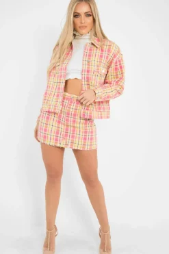 Rebellious Fashion Pink Check Crop Denim Jacket - Dakira