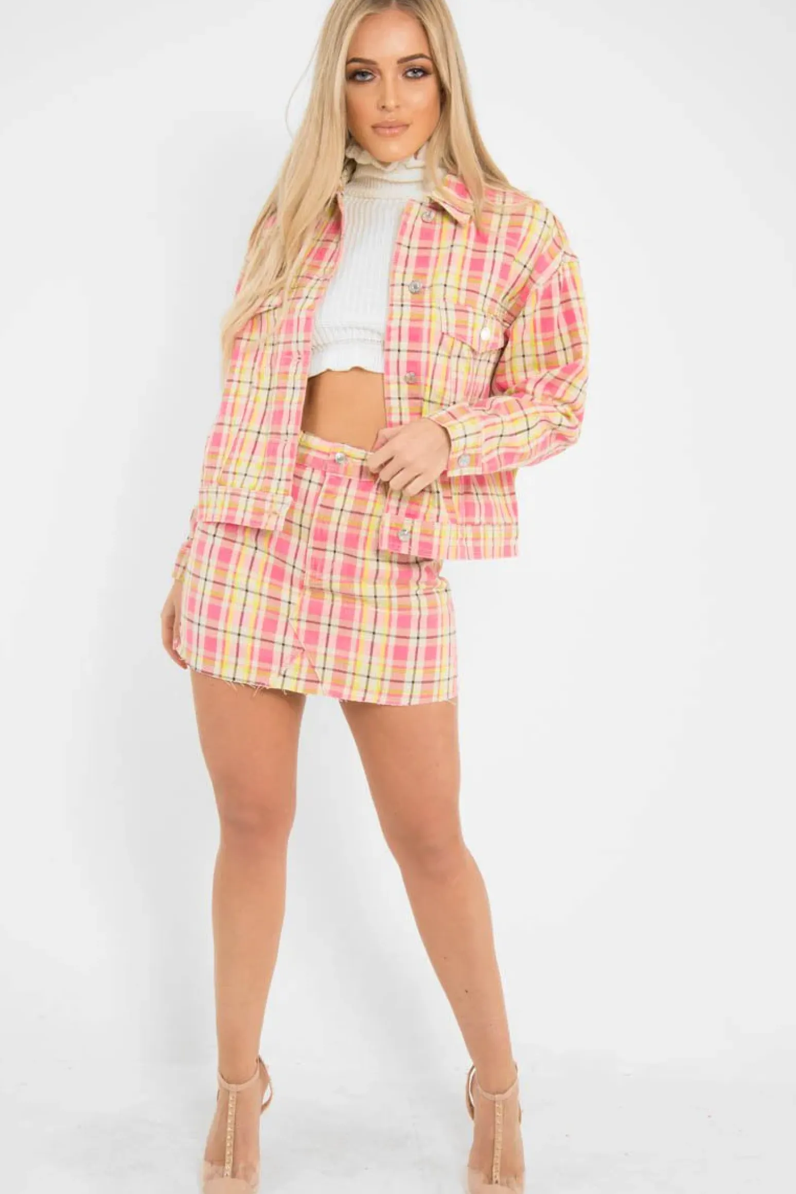 Rebellious Fashion Pink Check Crop Denim Jacket - Dakira
