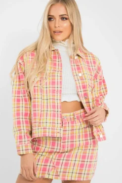Rebellious Fashion Pink Check Crop Denim Jacket - Dakira