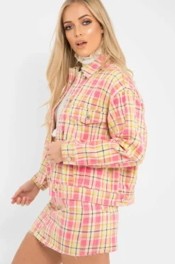 Rebellious Fashion Pink Check Crop Denim Jacket - Dakira