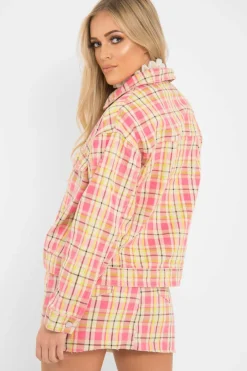 Rebellious Fashion Pink Check Crop Denim Jacket - Dakira