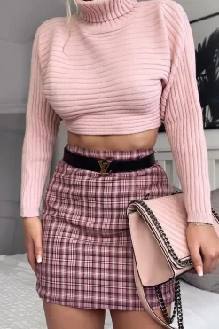 Rebellious Fashion Pink Checked Bodycon Mini Skirt - Adaya
