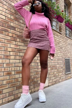 Rebellious Fashion Pink Checked Bodycon Mini Skirt - Adaya