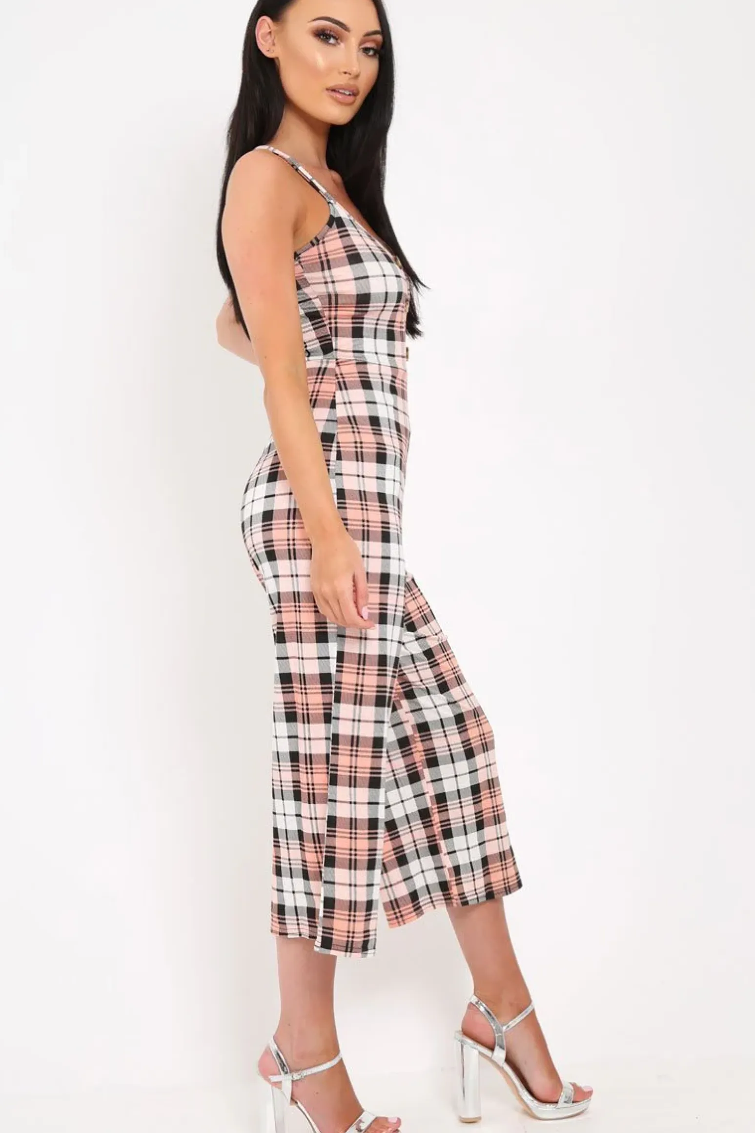 Rebellious Fashion Pink Checked Button Front Jumpsuit - Lillier