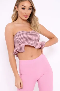 Rebellious Fashion Pink Check Frill Bandeau Crop Top - Colton