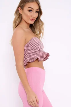 Rebellious Fashion Pink Check Frill Bandeau Crop Top - Colton