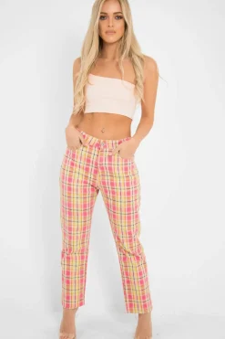 Rebellious Fashion Pink Check High Waist Jeans - Tarryn