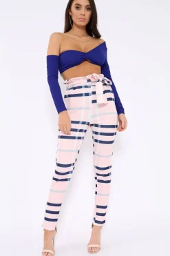 Rebellious Fashion Pink Check Print Paper Bag Tie Waist Tapered Trousers - Ashi