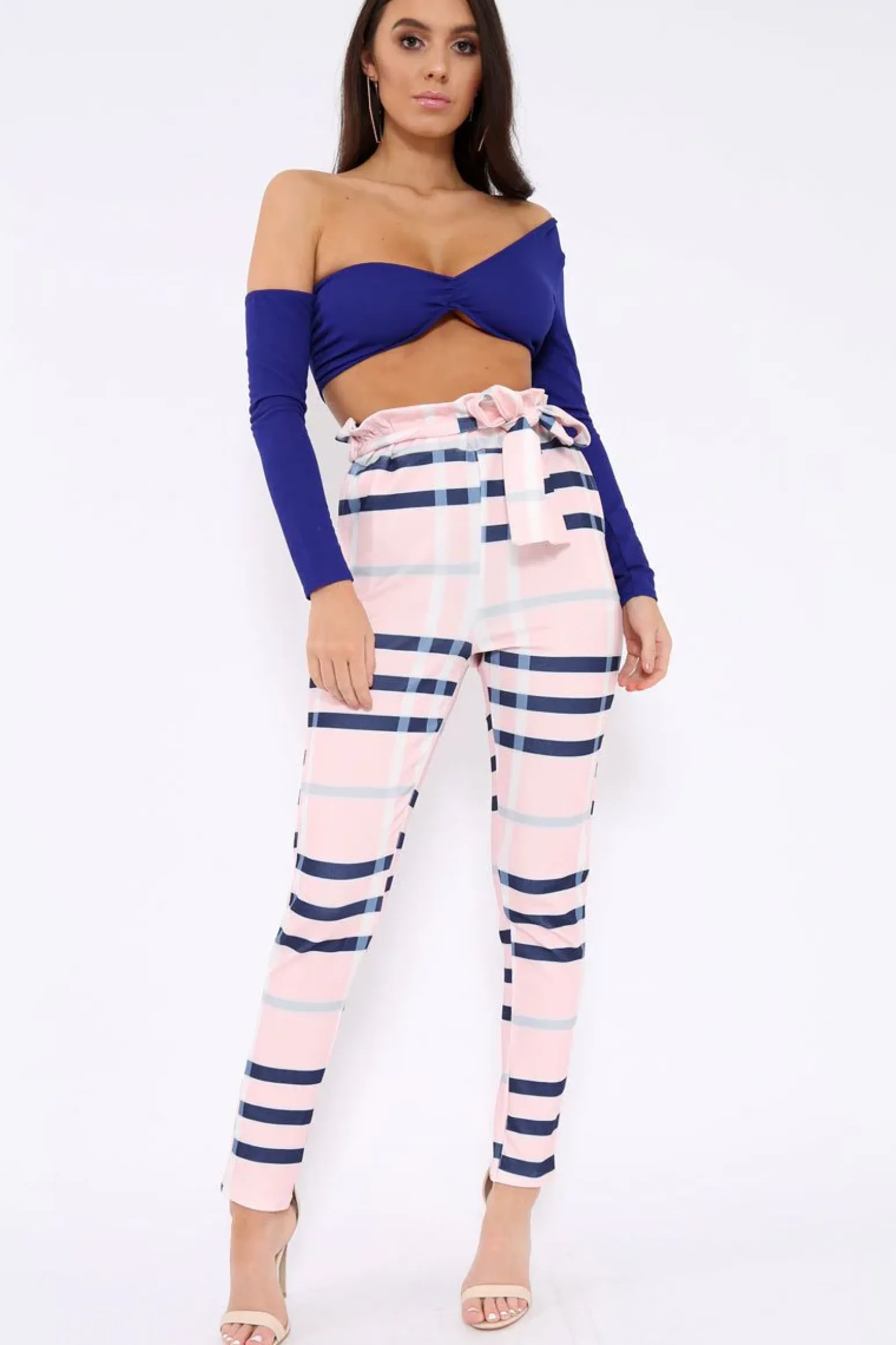 Rebellious Fashion Pink Check Print Paper Bag Tie Waist Tapered Trousers - Ashi