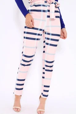 Rebellious Fashion Pink Check Print Paper Bag Tie Waist Tapered Trousers - Ashi