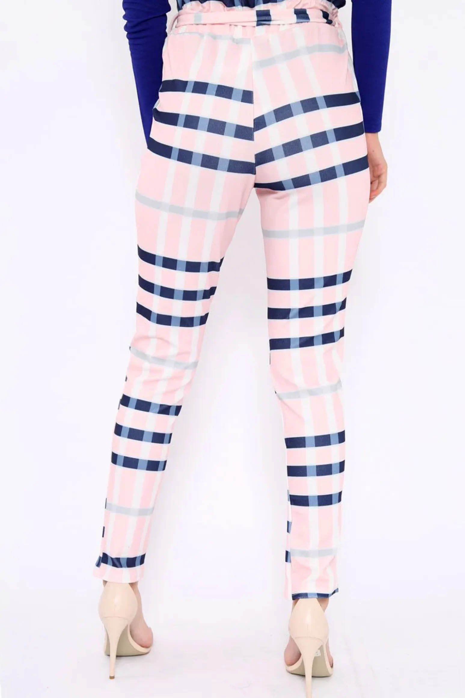 Rebellious Fashion Pink Check Print Paper Bag Tie Waist Tapered Trousers - Ashi