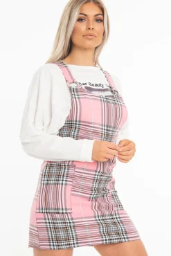 Rebellious Fashion Pink Check Ring Detail Pinafore Dress - Blaire