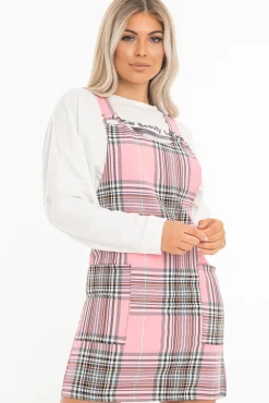 Rebellious Fashion Pink Check Ring Detail Pinafore Dress - Blaire
