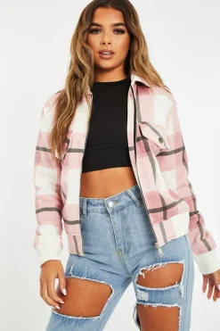 Rebellious Fashion Pink Check Zip Front Bomber Jacket - Luna